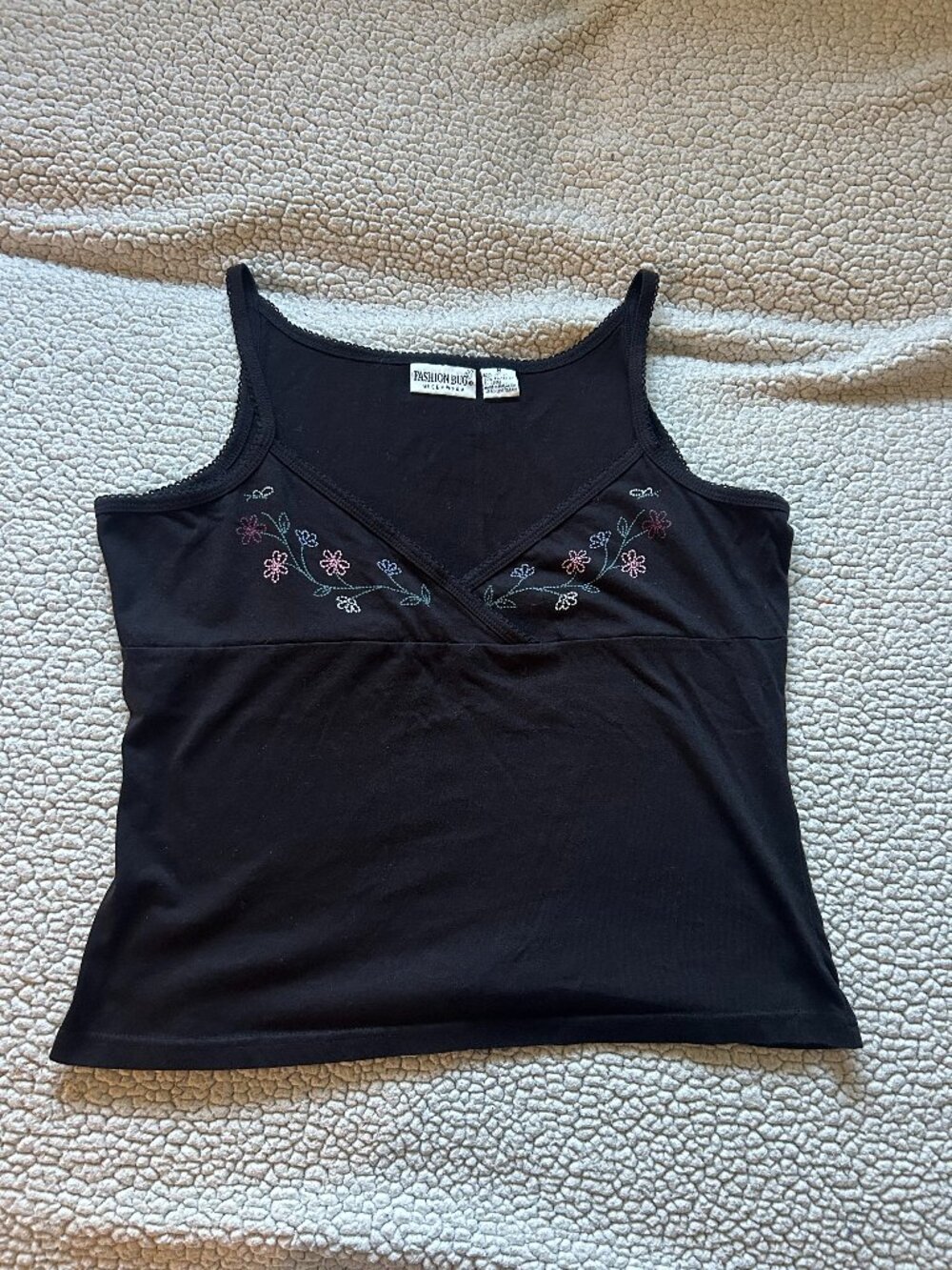 Fashion Bug -- y2k sleepwear black tank with colorful flower design on chest